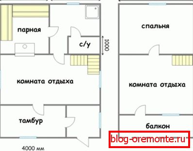 Проектът на къщата 6х9 от бар с таван (първият и таванския етаж) Проектът на къщата 6х9 от бар с таван (първият и таванския етаж)